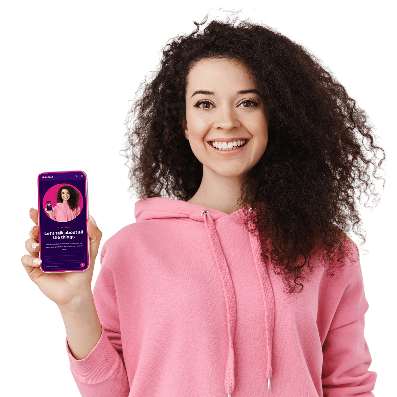 Curly haired girl holding smartphone