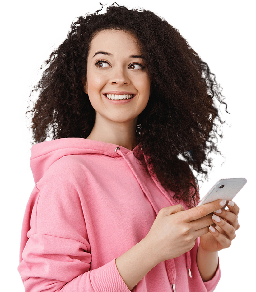 Curly haired girl holding phone