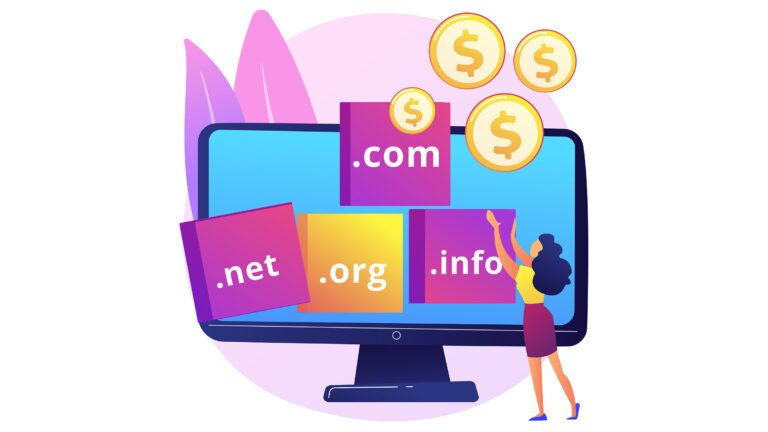 Vector cartoon illustration of woman with domain name extensions