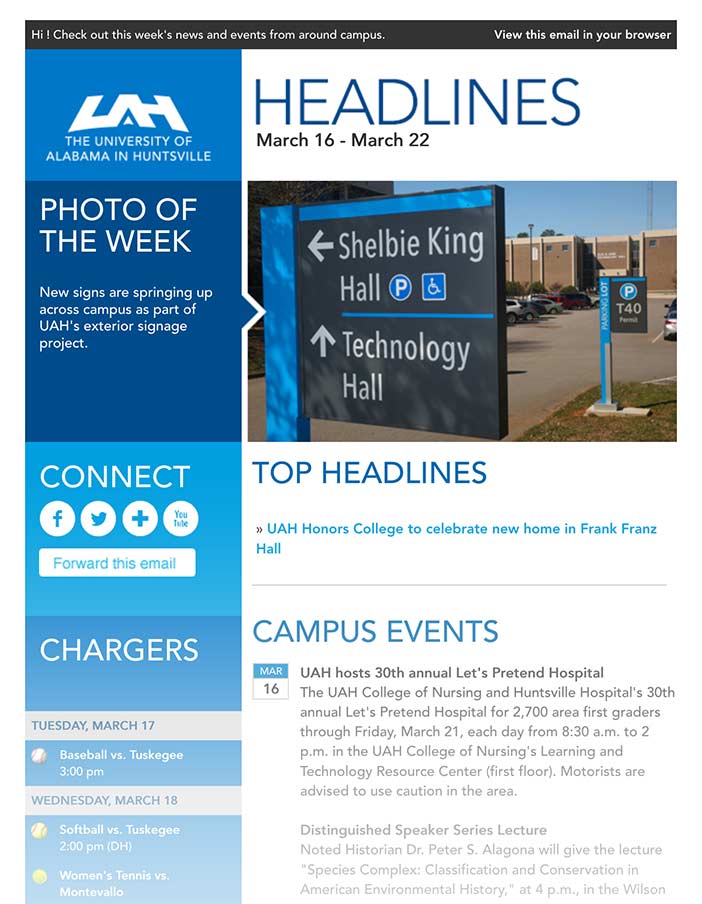 UAH Headlines email newsletter featuring a small photo of the week.